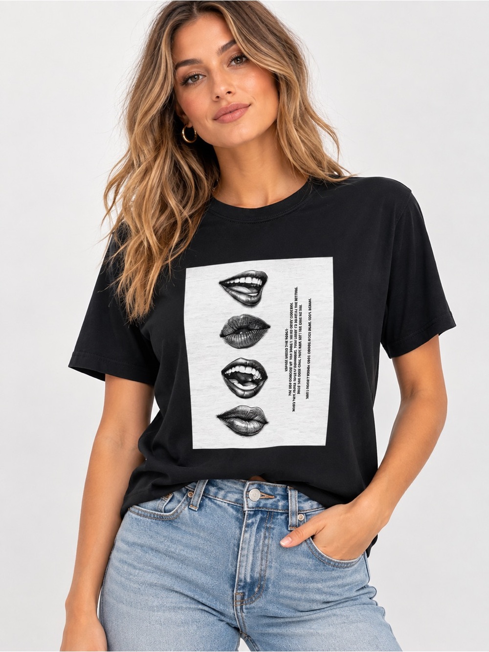 Sarah’s Lips Comfort Colors Black Tee with Monochrome Mouth Graphic
